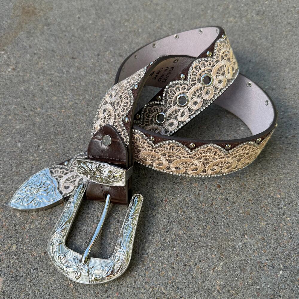 Angel Ranch Ladies Brown Tan Lace Belt Cowgirl Western Bling Rodeo DA3650 SMALL